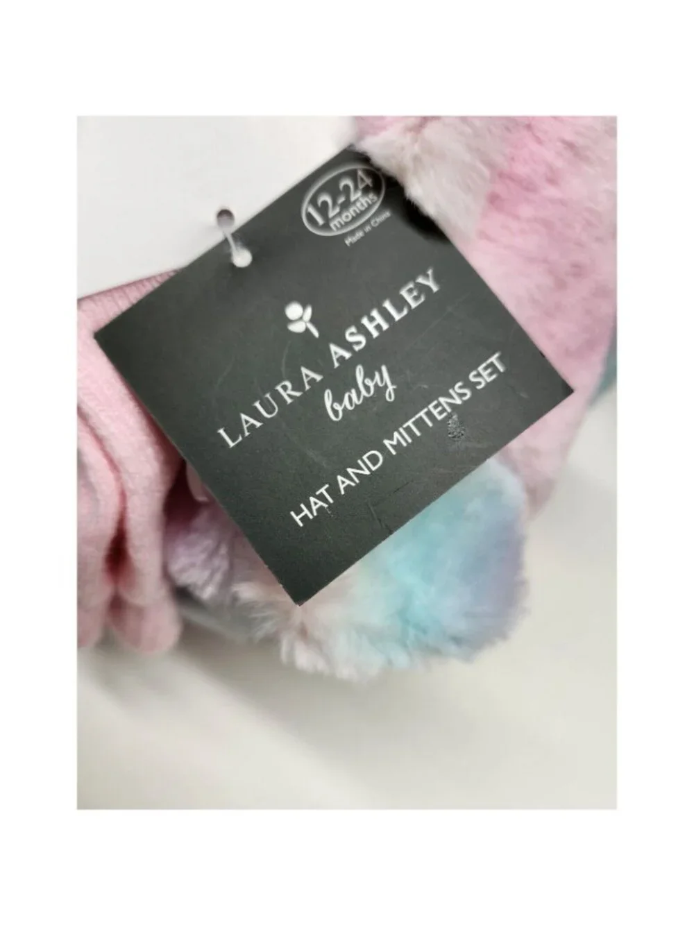NWT 12-24 mo Hat & Mitten Set, Fluffy Fuzzy Rainbow Laura Ashley New